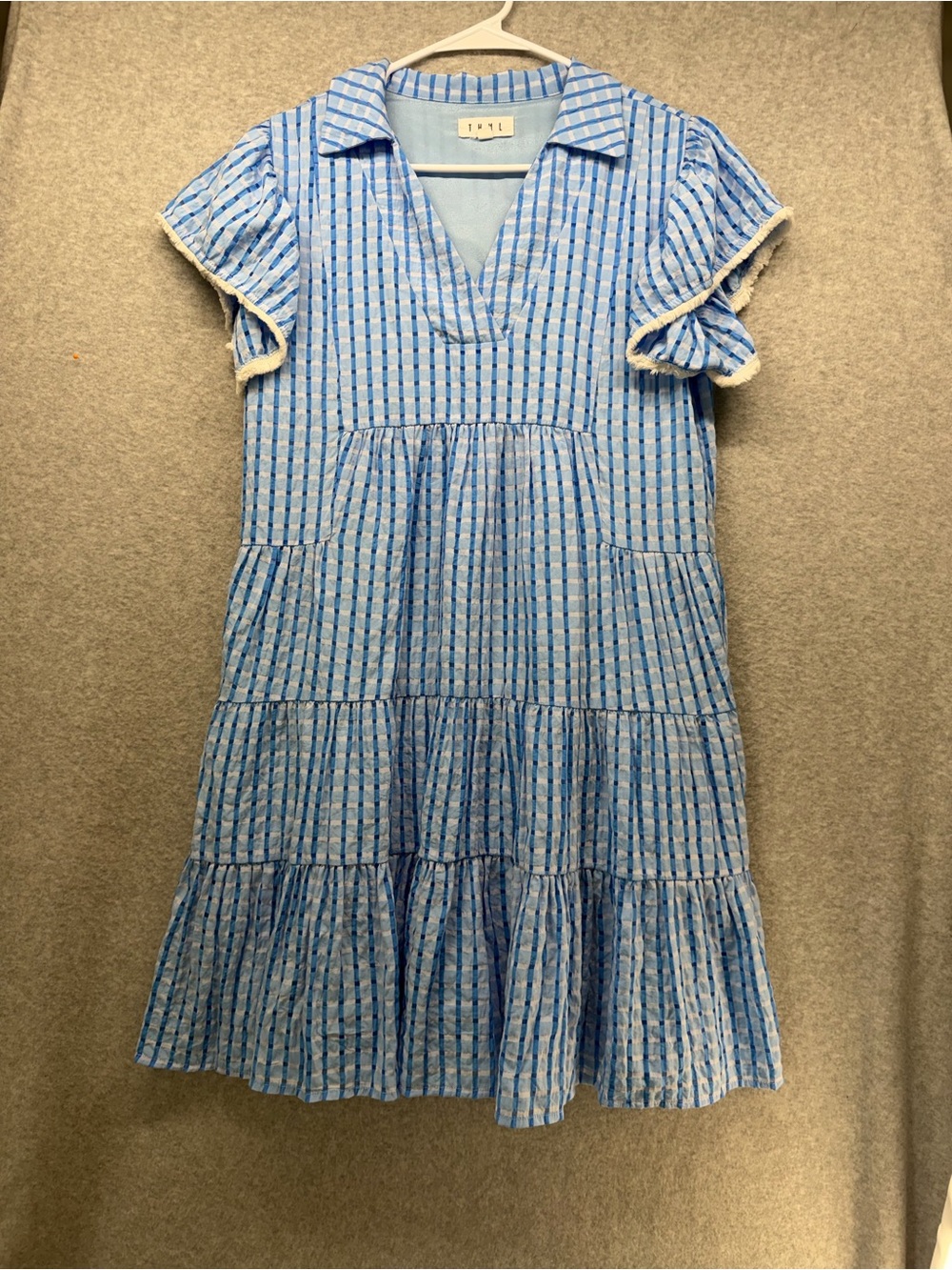 THML Light Blue and White Striped Tiered Mini Dress with Cream Trim